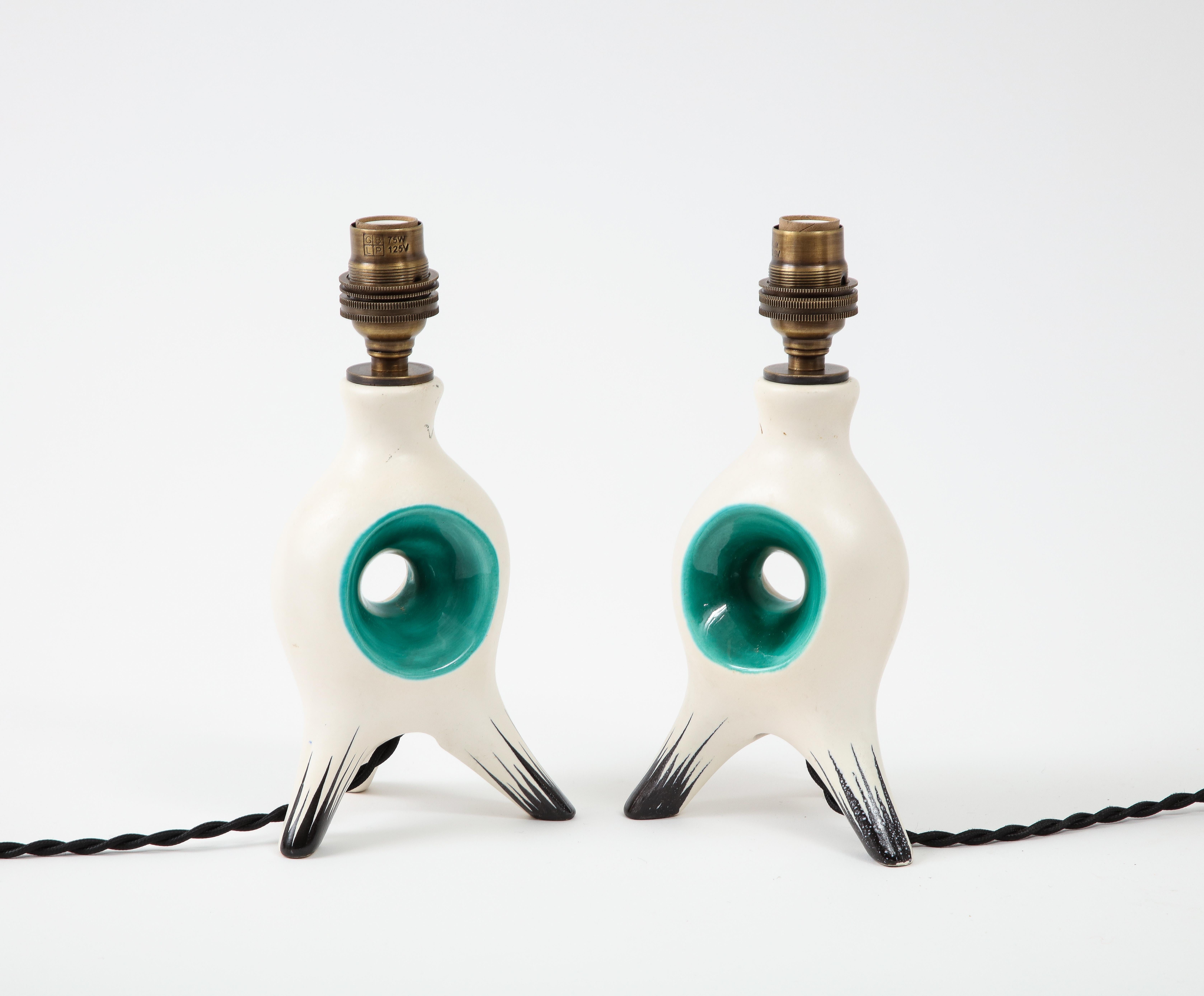 Jouve Style Small Green & Off White Ceramic Table Lamps, France 1960's In Good Condition In New York, NY