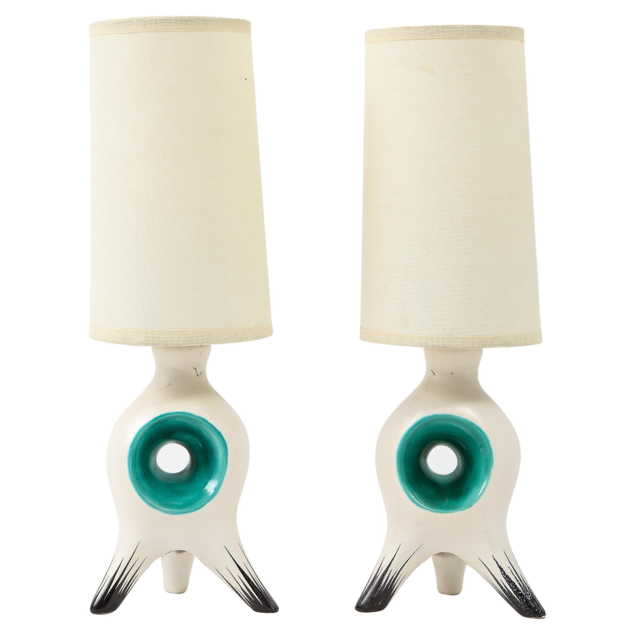 Jouve Style Small Green & Off White Ceramic Table Lamps, France 1960's