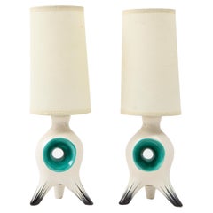 Jouve Style Small Green & Off White Ceramic Table Lamps, France 1960's