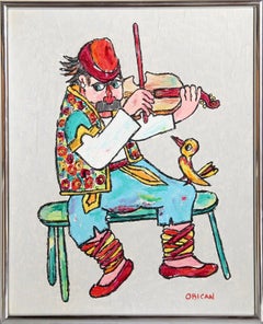 Fiddler, Signed Folk Art Oil on Board by Jovan Obican