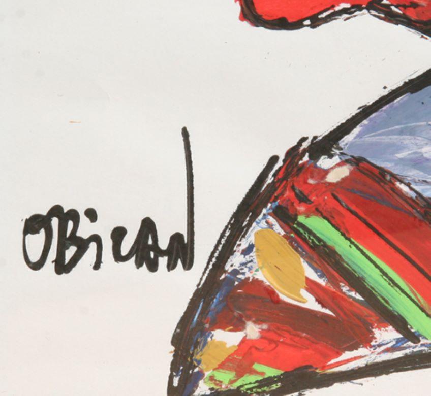 Grüner Mann mit Blume und Vogel, signiert Acryl auf Papier von Jovan Obican im Angebot 1