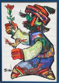 Green Man with Flower and Bird, Signed Acrylic on Paper by Jovan Obican