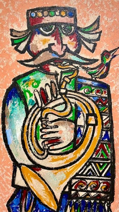 Large Naive European Folk Art Oil Painting Jovan Obican Klezmer Jazz Musician