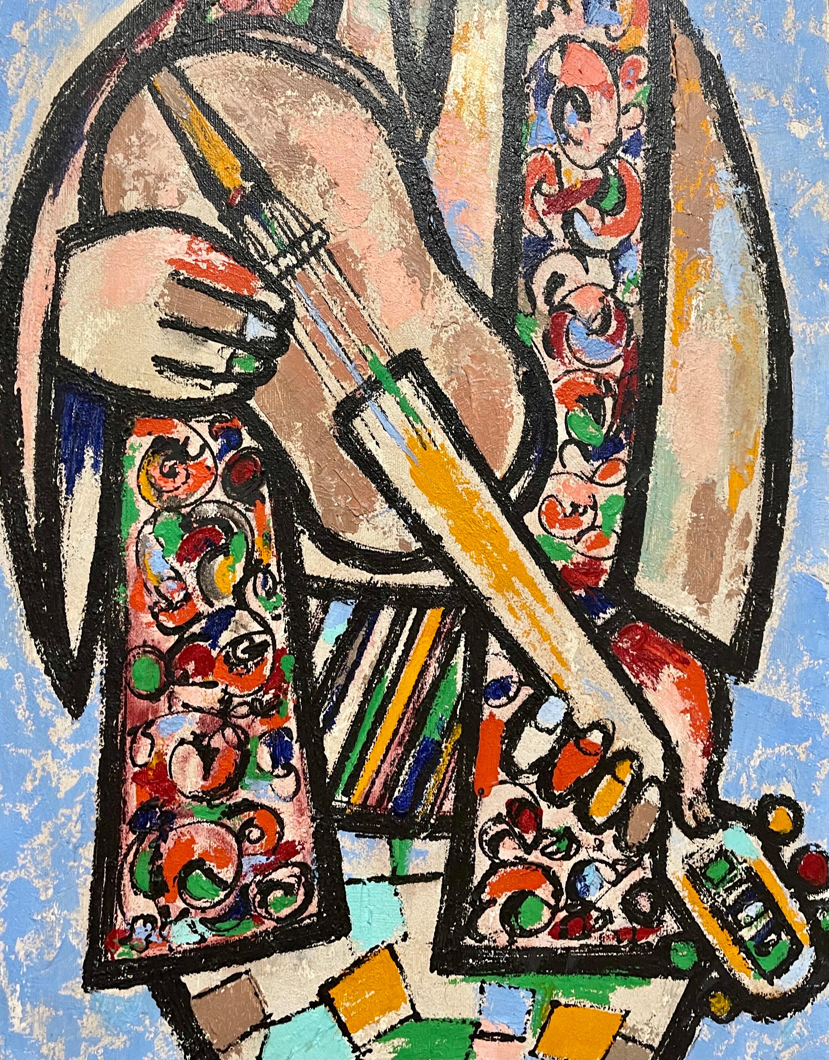 Grande peinture à l'huile d'art populaire européen naïf de Jovan Obican Klezmer, musicien de jazz en vente 1