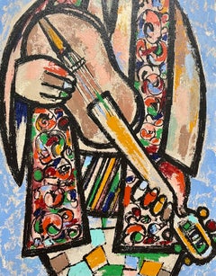 Large Naive European Folk Art Oil Painting Jovan Obican Klezmer Jazz Musician