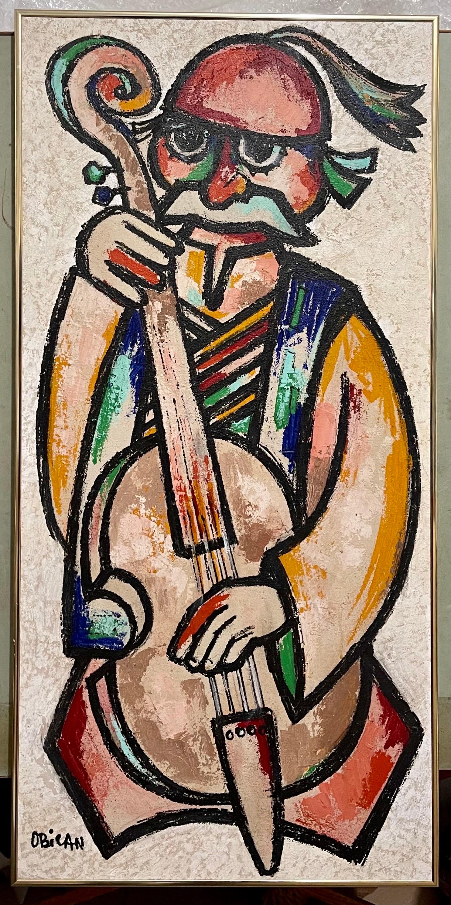 Großes Ölgemälde, Naive European Folk Art, Jovan Obican Klezmer, Jazz-Musiker im Angebot 1