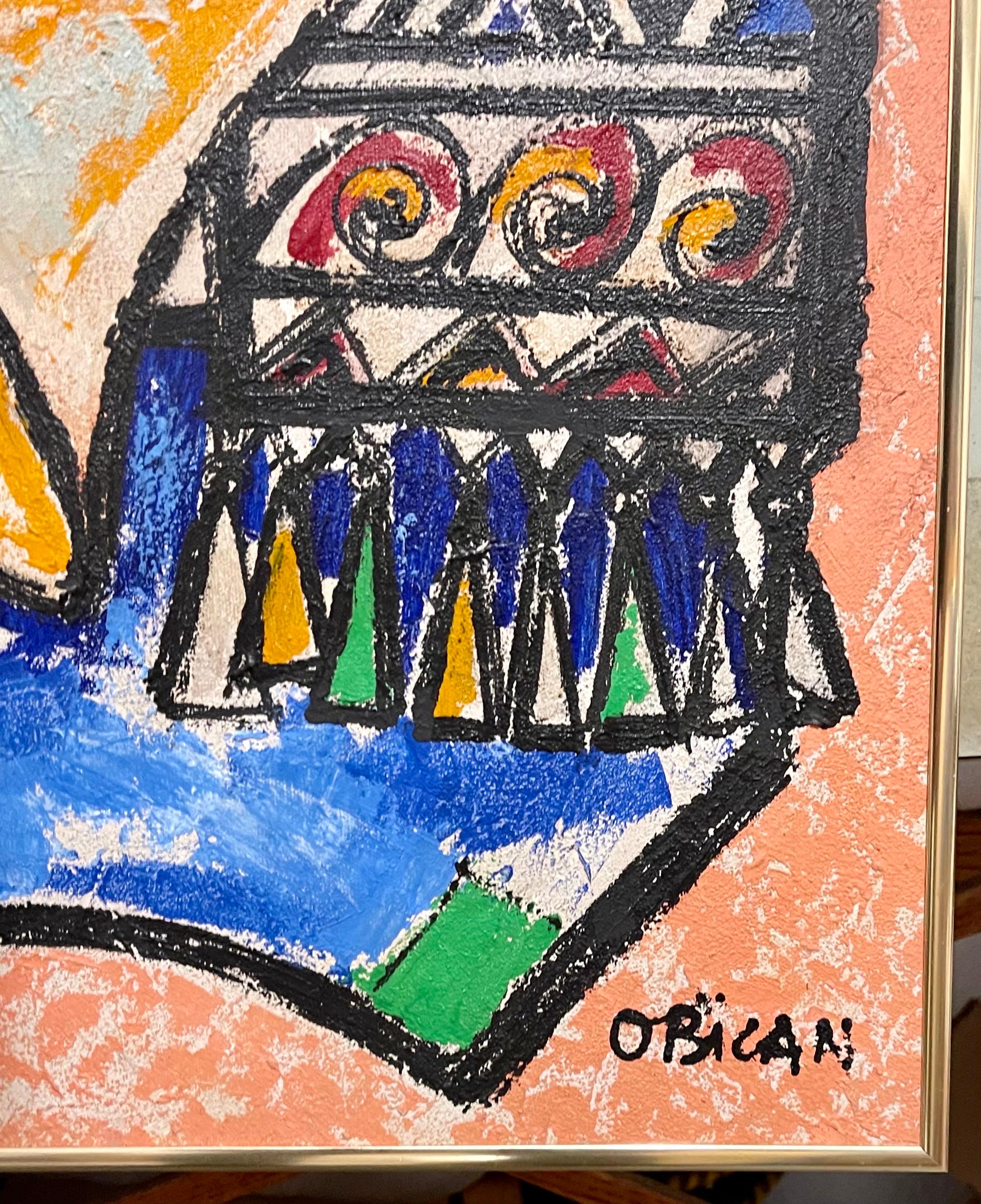 Grande peinture à l'huile d'art populaire européen naïf de Jovan Obican Klezmer, musicien de jazz en vente 2