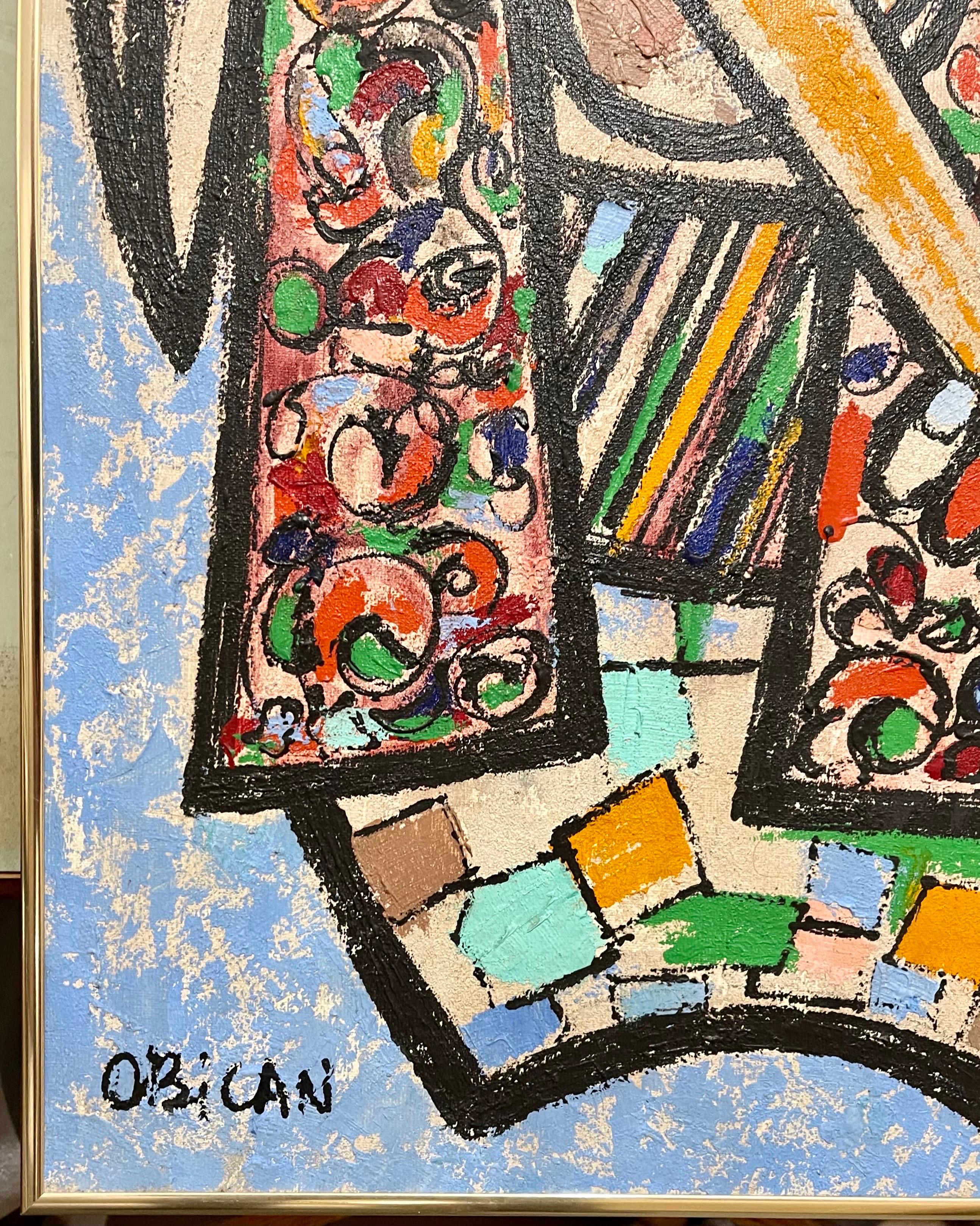 Grande peinture à l'huile d'art populaire européen naïf de Jovan Obican Klezmer, musicien de jazz en vente 2