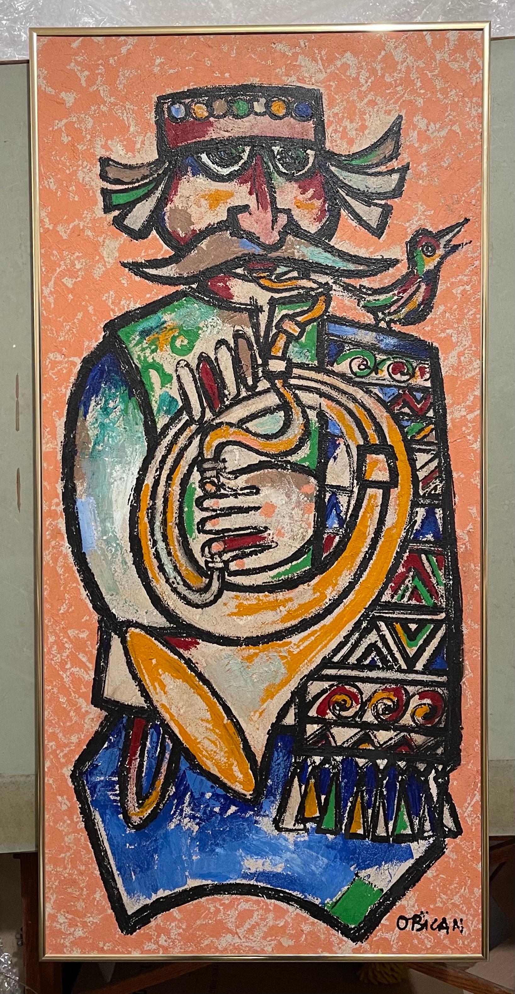 Grande peinture à l'huile d'art populaire européen naïf de Jovan Obican Klezmer, musicien de jazz en vente 3