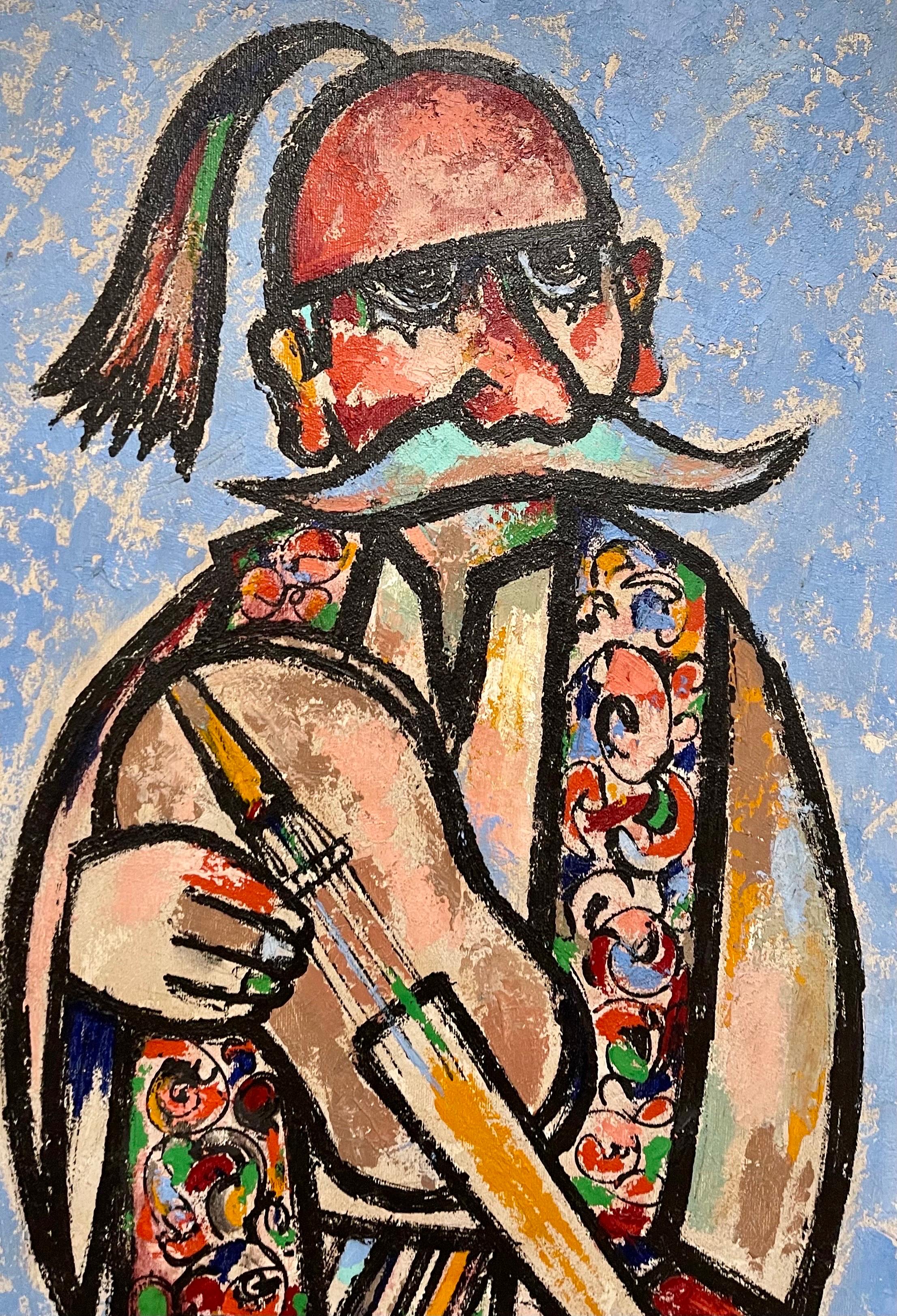 Grande peinture à l'huile d'art populaire européen naïf de Jovan Obican Klezmer, musicien de jazz en vente 3