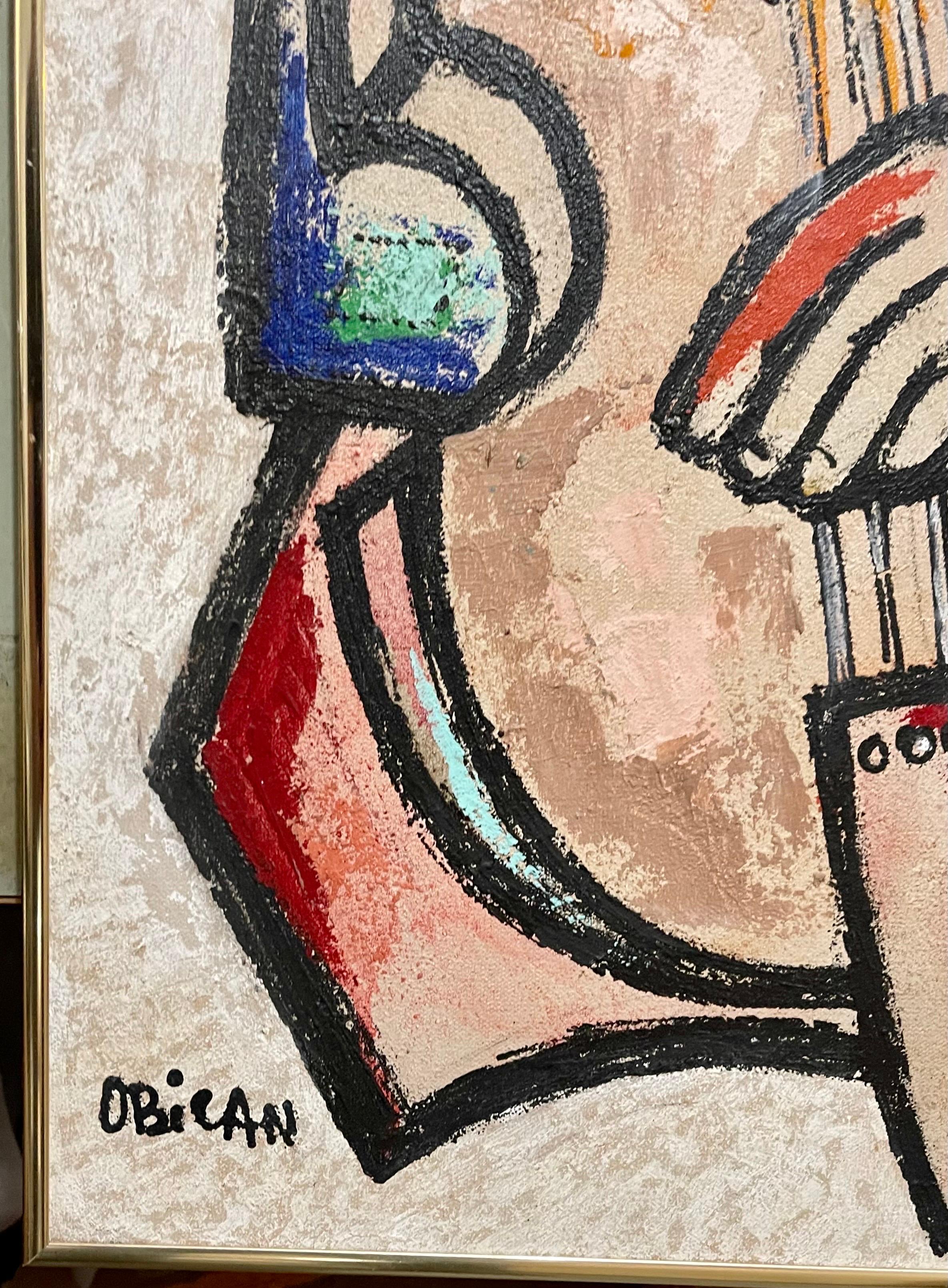Großes Ölgemälde, Naive European Folk Art, Jovan Obican Klezmer, Jazz-Musiker im Angebot 3