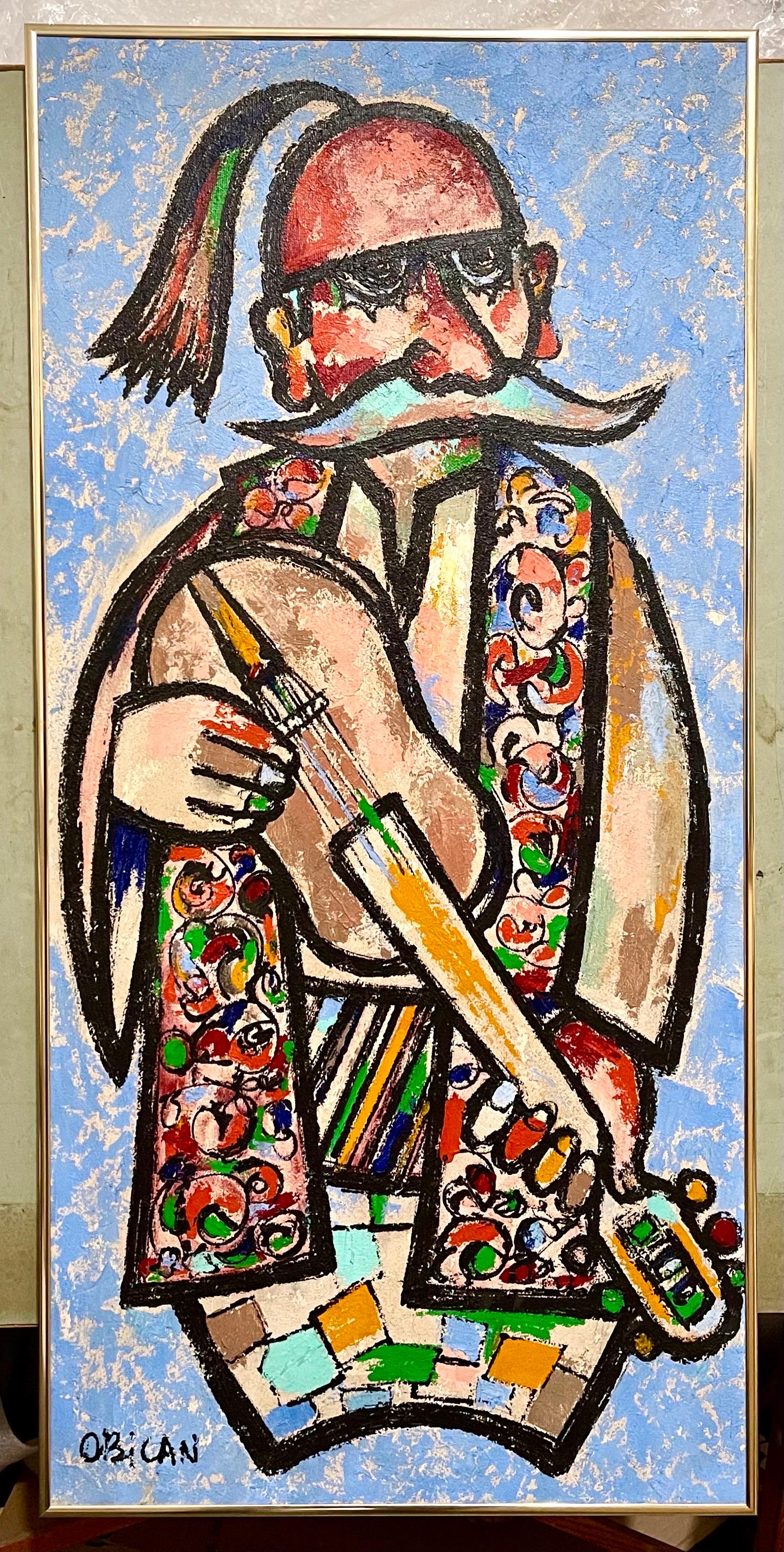 Grande peinture à l'huile d'art populaire européen naïf de Jovan Obican Klezmer, musicien de jazz en vente 4