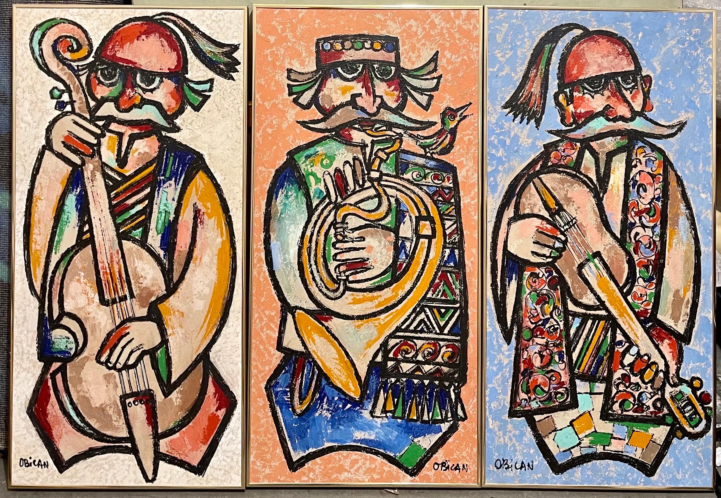 Grande peinture à l'huile d'art populaire européen naïf de Jovan Obican Klezmer, musicien de jazz en vente 7