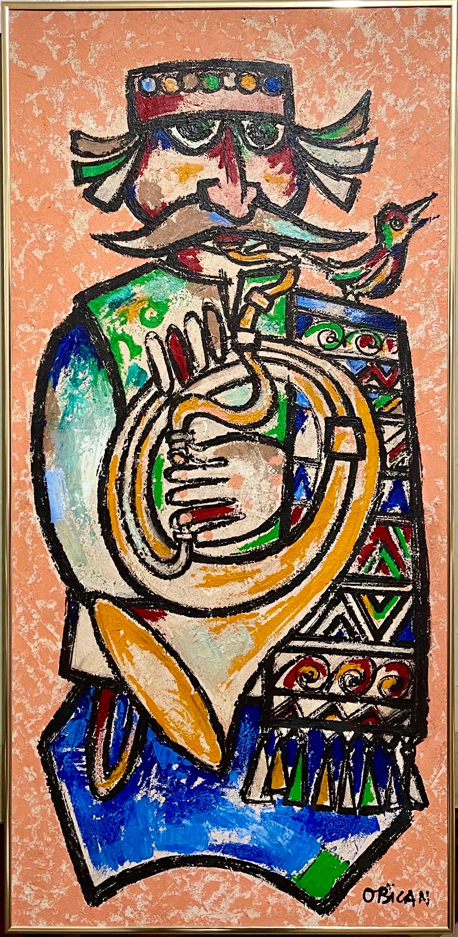 Large Naive European Folk Art Oil Painting Jovan Obican Klezmer Jazz Musician