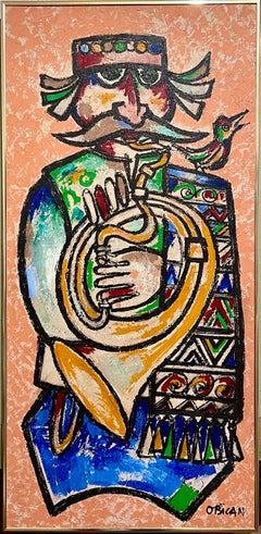 Large Naive European Folk Art Oil Painting Jovan Obican Klezmer Jazz Musician