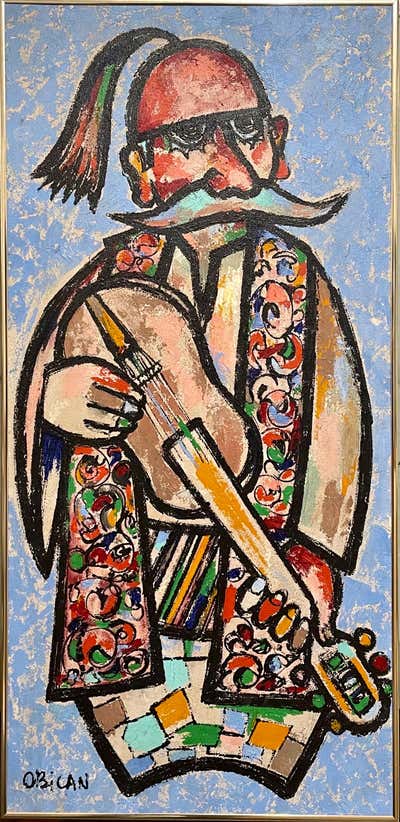 Jovan Obican - Folk Art Naive Oil Painting of Two Colorful Figures on a ...