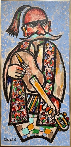 Large Naive European Folk Art Oil Painting Jovan Obican Klezmer Jazz Musician