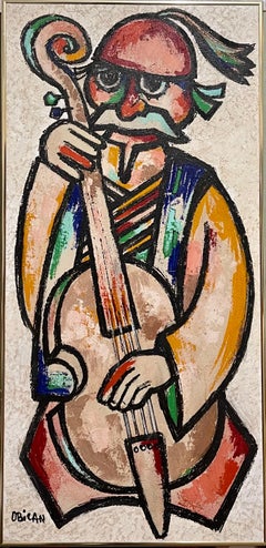 Large Naive European Folk Art Oil Painting Jovan Obican Klezmer Jazz Musician