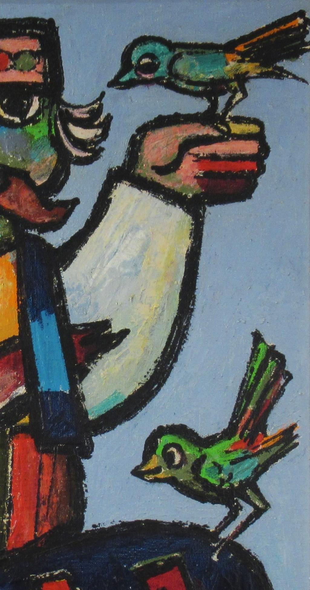 Man tanzt mit Vögeln (Schwarz), Figurative Painting, von Jovan Obican