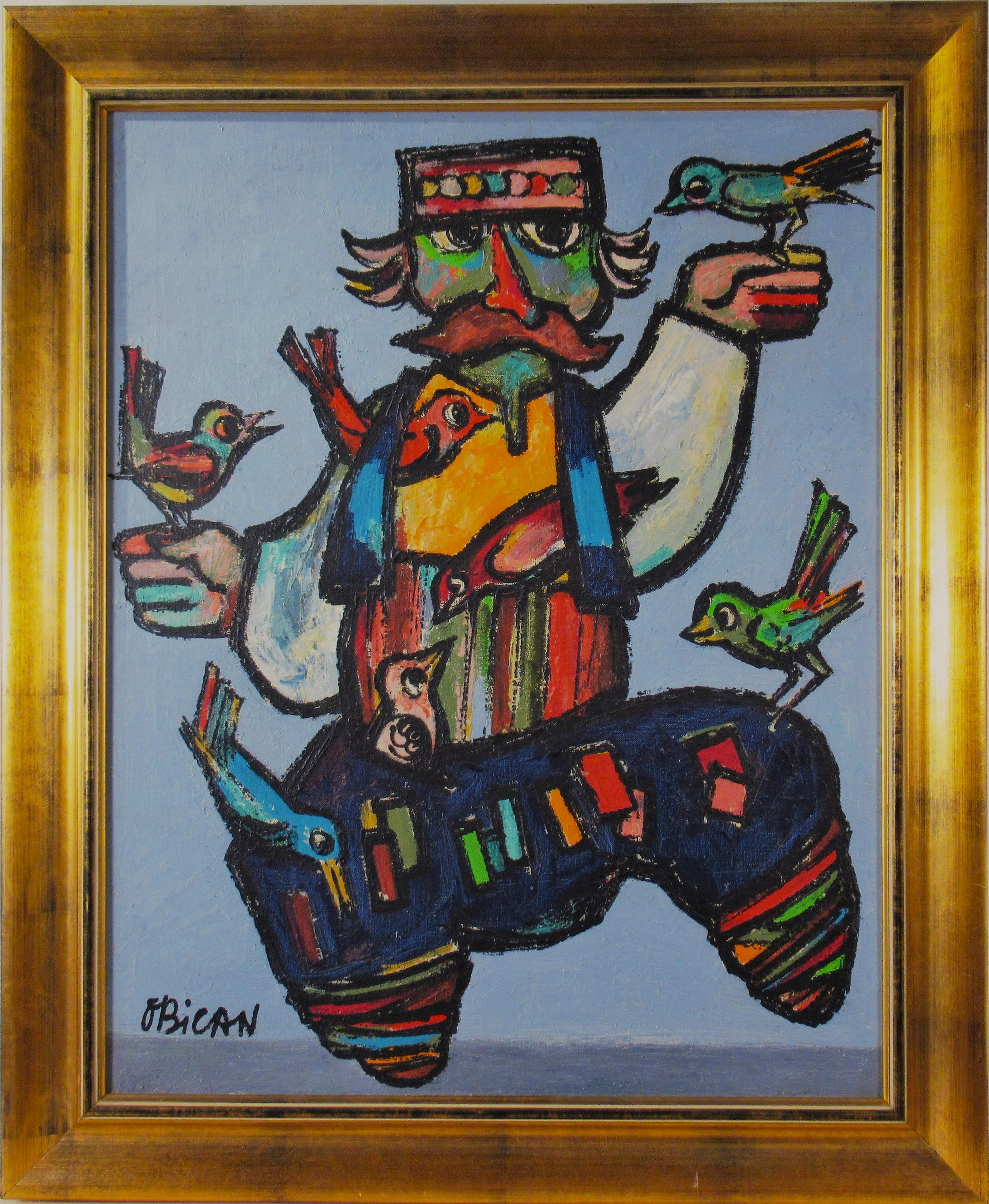 Jovan Obican Figurative Painting - Man Dancing with Birds