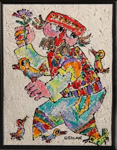 Man with Flower and Birds, Oil on Board Folk Art Painting by Jovan Obican