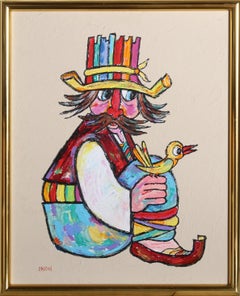 Man with Yellow Bird, huile sur panneau signée par Jovan Obican
