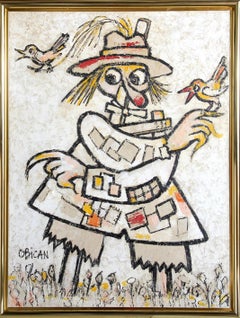 Vintage Scarecrow, 1983 Signed Oil Painting by Jovan Obican