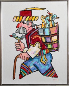 Traveler with Birds, Signed Oil on Board by Jovan Obican