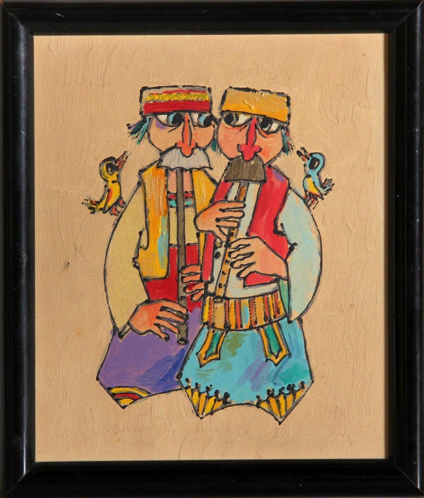Zwei Männer mit Lutes, signierte Volkskunst, Öl auf Karton von Jovan Obican