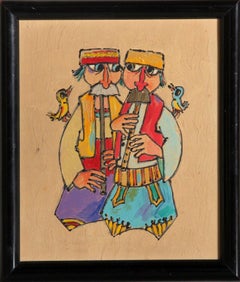 Two Men with Lutes, Signed Folk Art Oil on Board by Jovan Obican