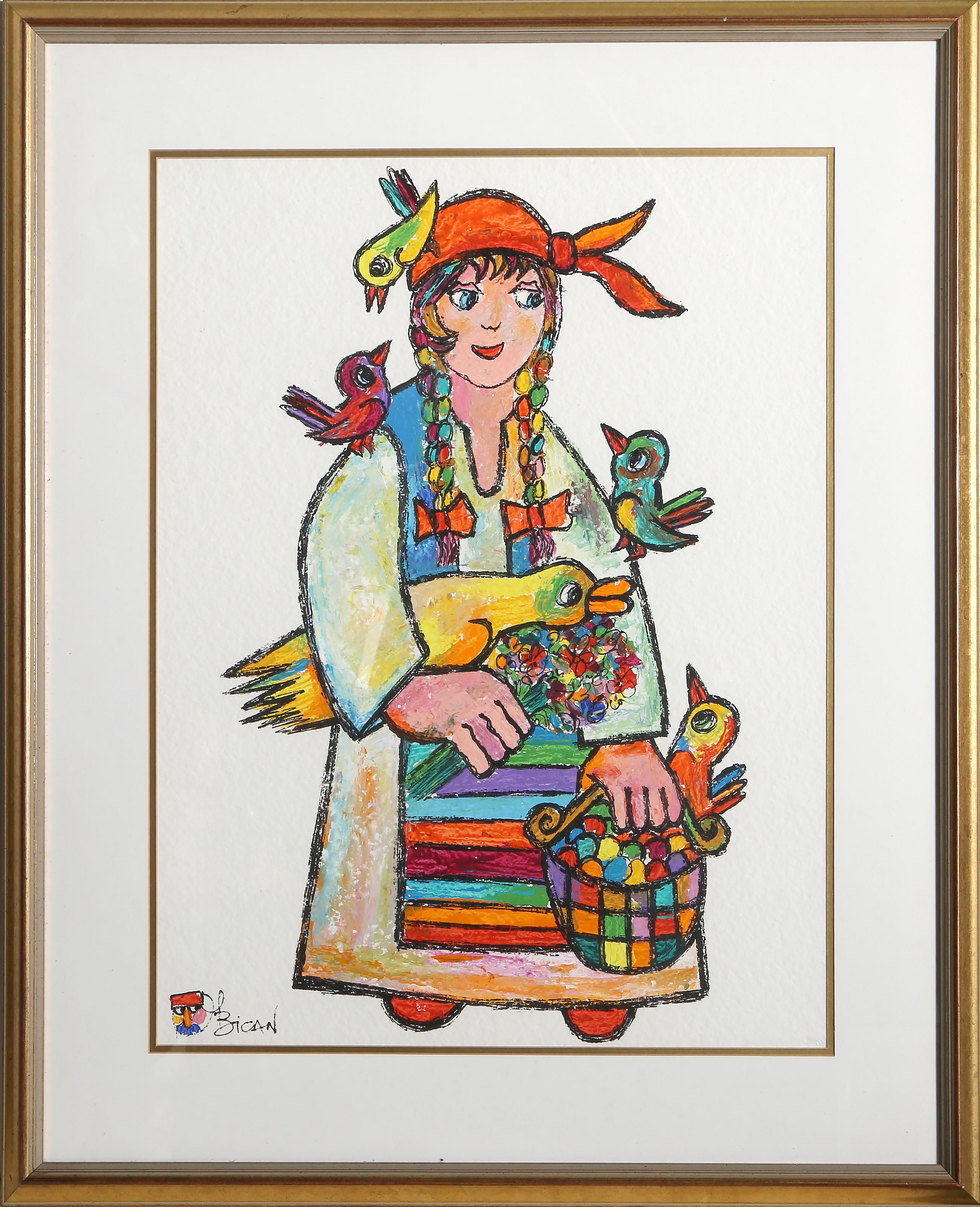 Woman with Birds, Folk Art Acrylic Painting on paper by Jovan Obican