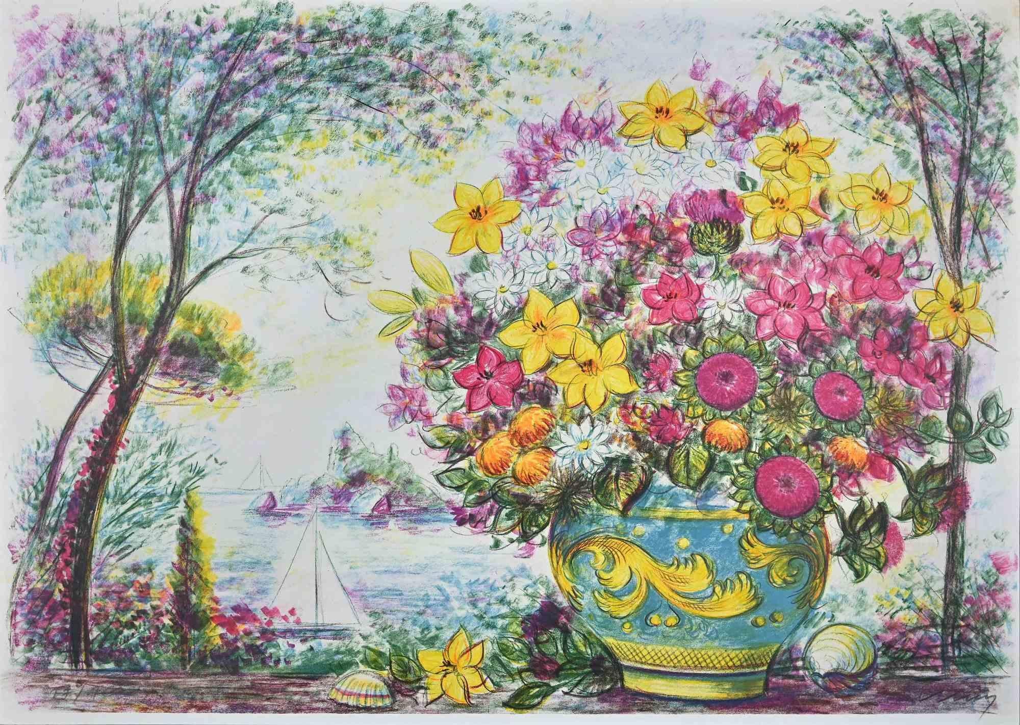 Flowerpot is a beautiful colored lithograph on paper, realized in 1988 by the artist  Jovan Vulic  (b. 1951).

Hand-signed and numbered in pencil on the lower margin. Edition of 150 prints.

This contemporary artwork represents with poetic style a