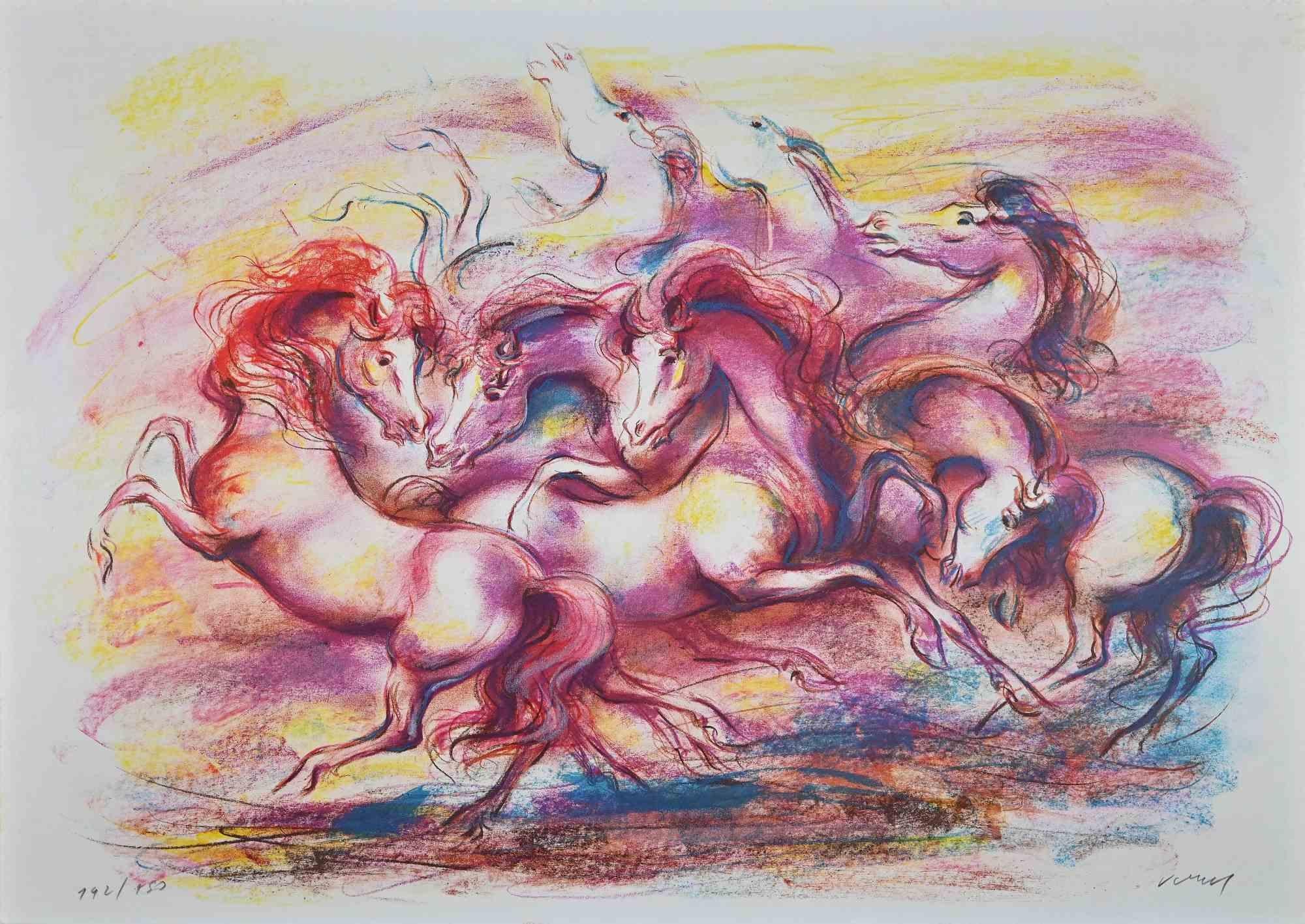 The Dance Of Horses  - Original Lithograph by Jovan Vulic - 1980s