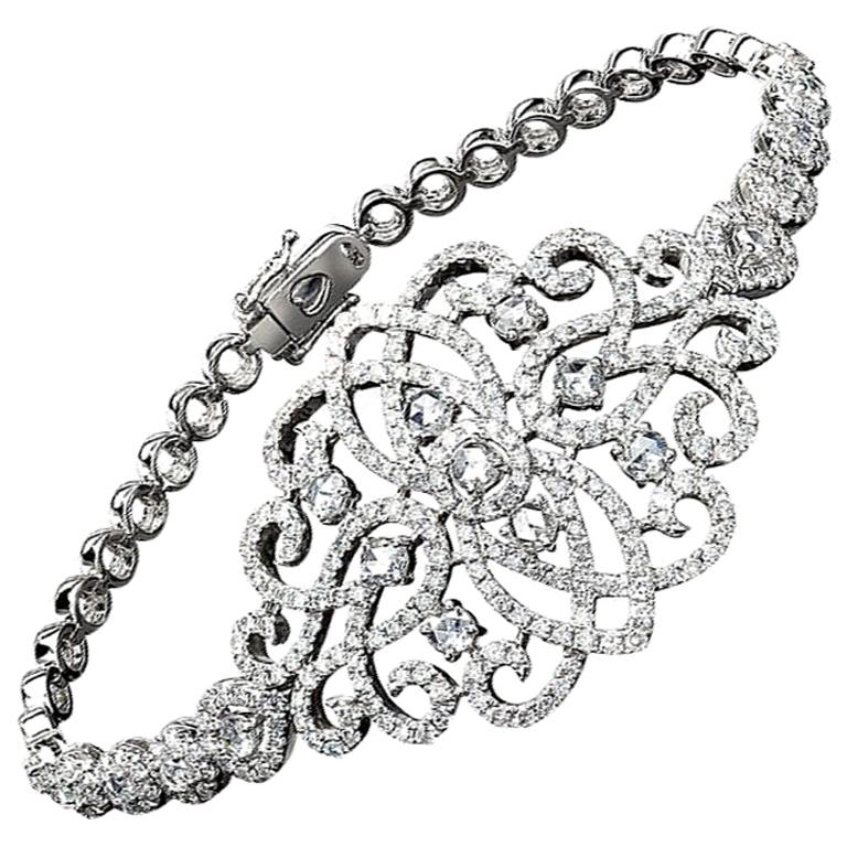 Jovane 18 Karat Gold, 3.91 Carat Rose and Brilliant Cut Diamond Lace Bracelet For Sale