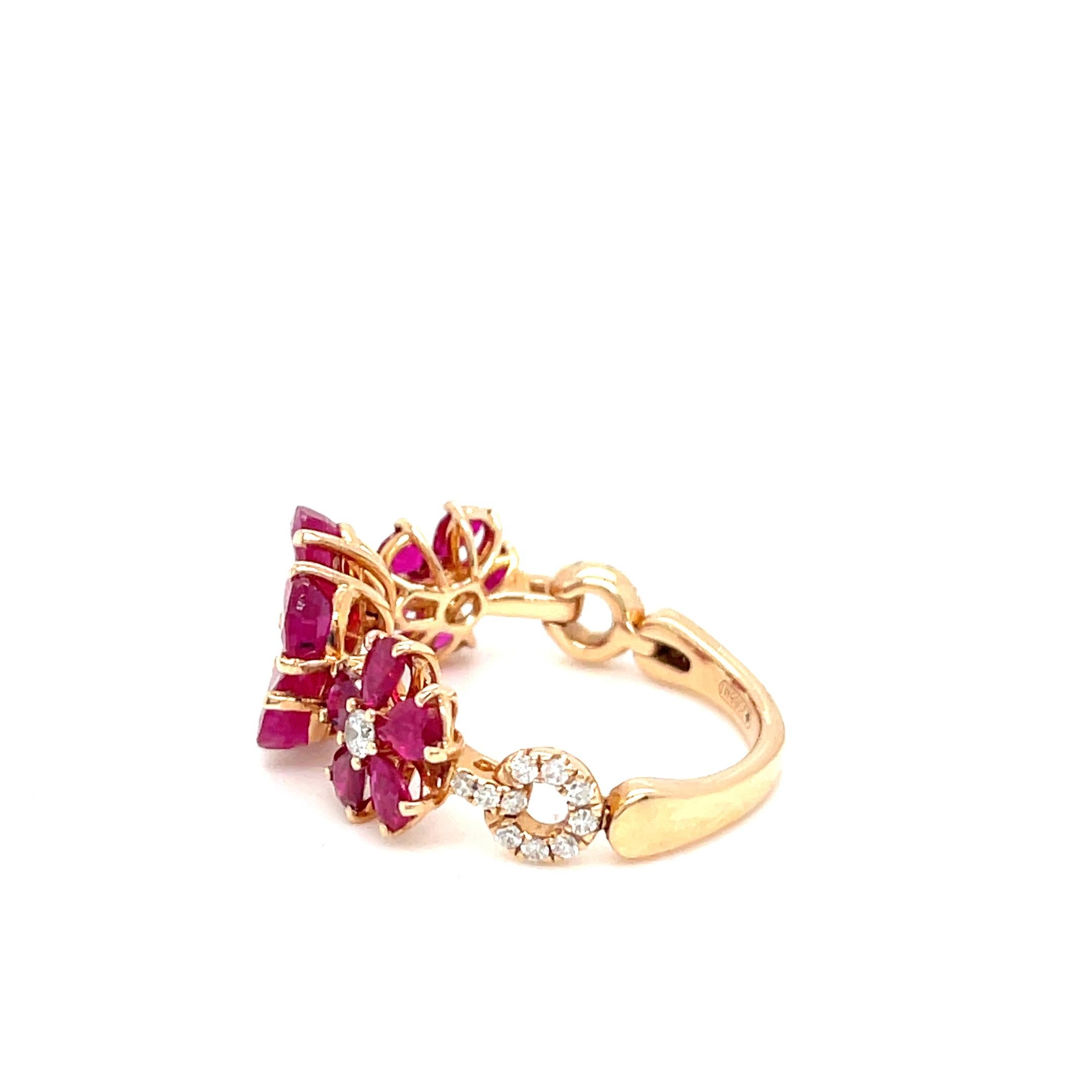 Moderne Jovane, bague fleur en or rose 18 carats, rubis 3,5 carats et diamants taille 6,75 2088MI 4,8 g en vente