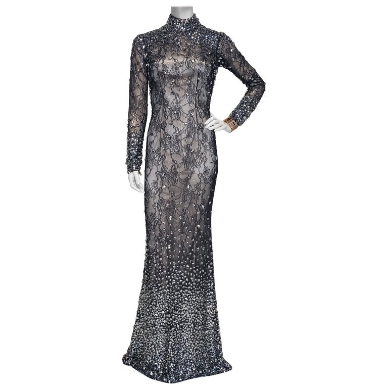 JOVANI Couture Black Sheer Lace Beaded Illusion Gown worn by Natalie ...