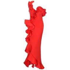 Used Jovani Holiday Red One Shoulder Ruffled Long Evening Dress 