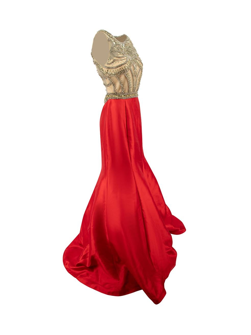 CONDITION is Very good. Hardly any visible wear to dress is evident on this used Jovani designer resale item.
  
Details
Red
Polyester
Gown
Sleeveless
Round neck
Open back
Embellished sheer bodice
Back hook fastening
Layered net puffy maxi