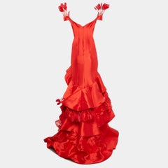 Jovani Red Satin Crepe Feather Trim Off Shoulder Ruffled Gown M