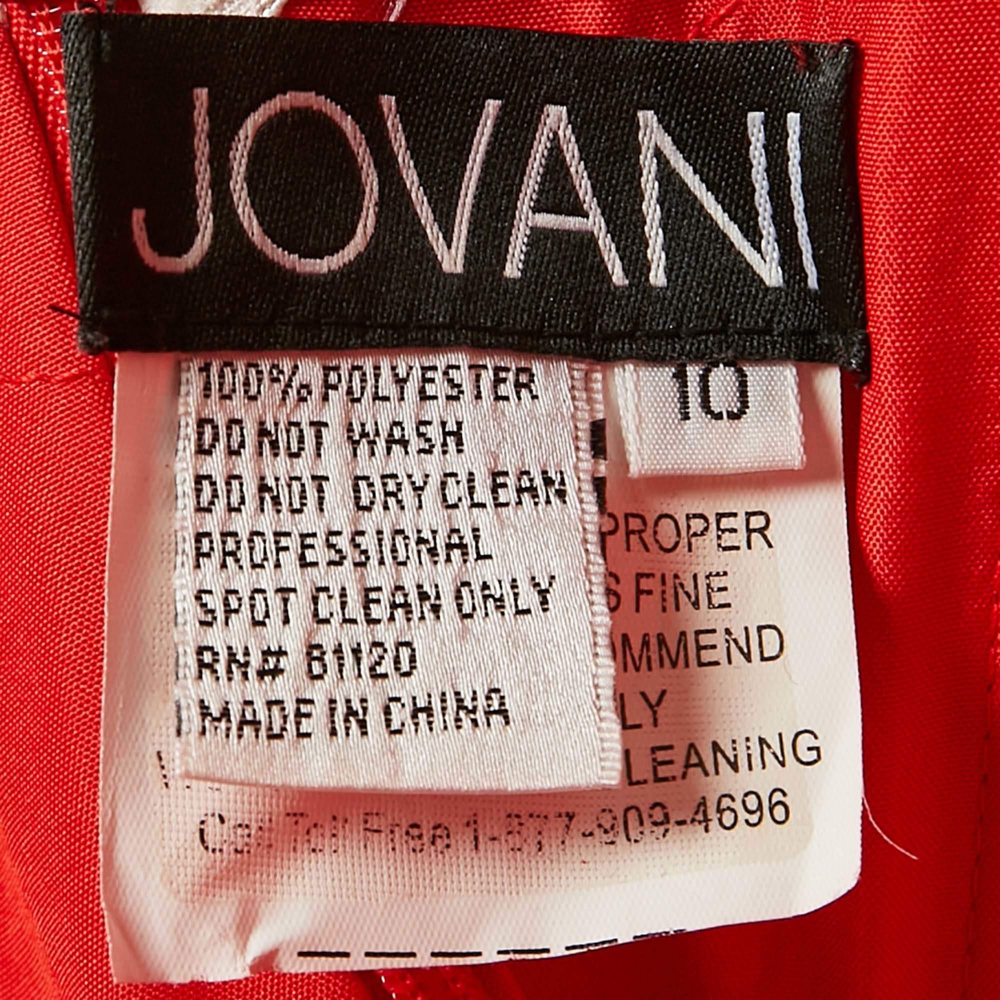 Women's Jovani Red Satin Crepe Feather Trim Off Shoulder Ruffled Gown M