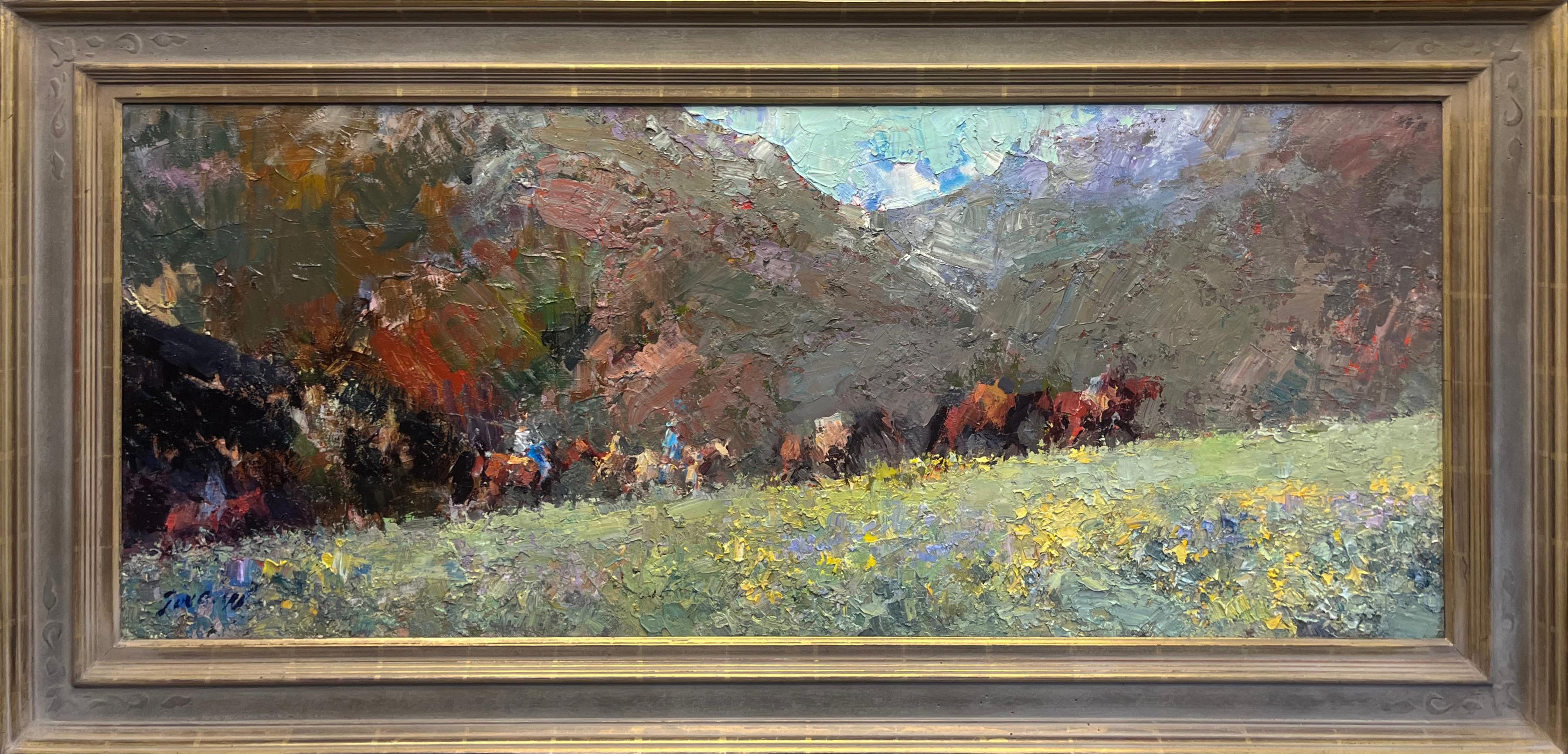 Jove Wang Landscape Painting - Cowboys on the Way: Yosemite Valley