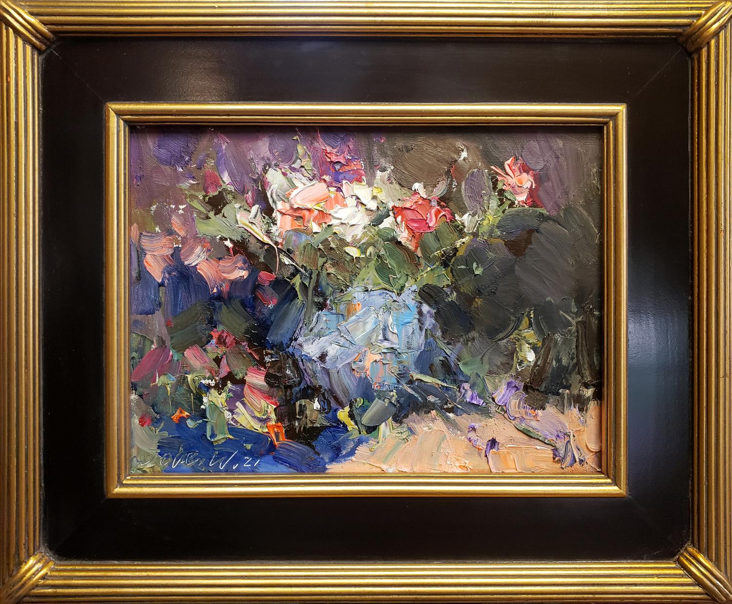 Flowers in French Blue Vase - Painting by Jove Wang