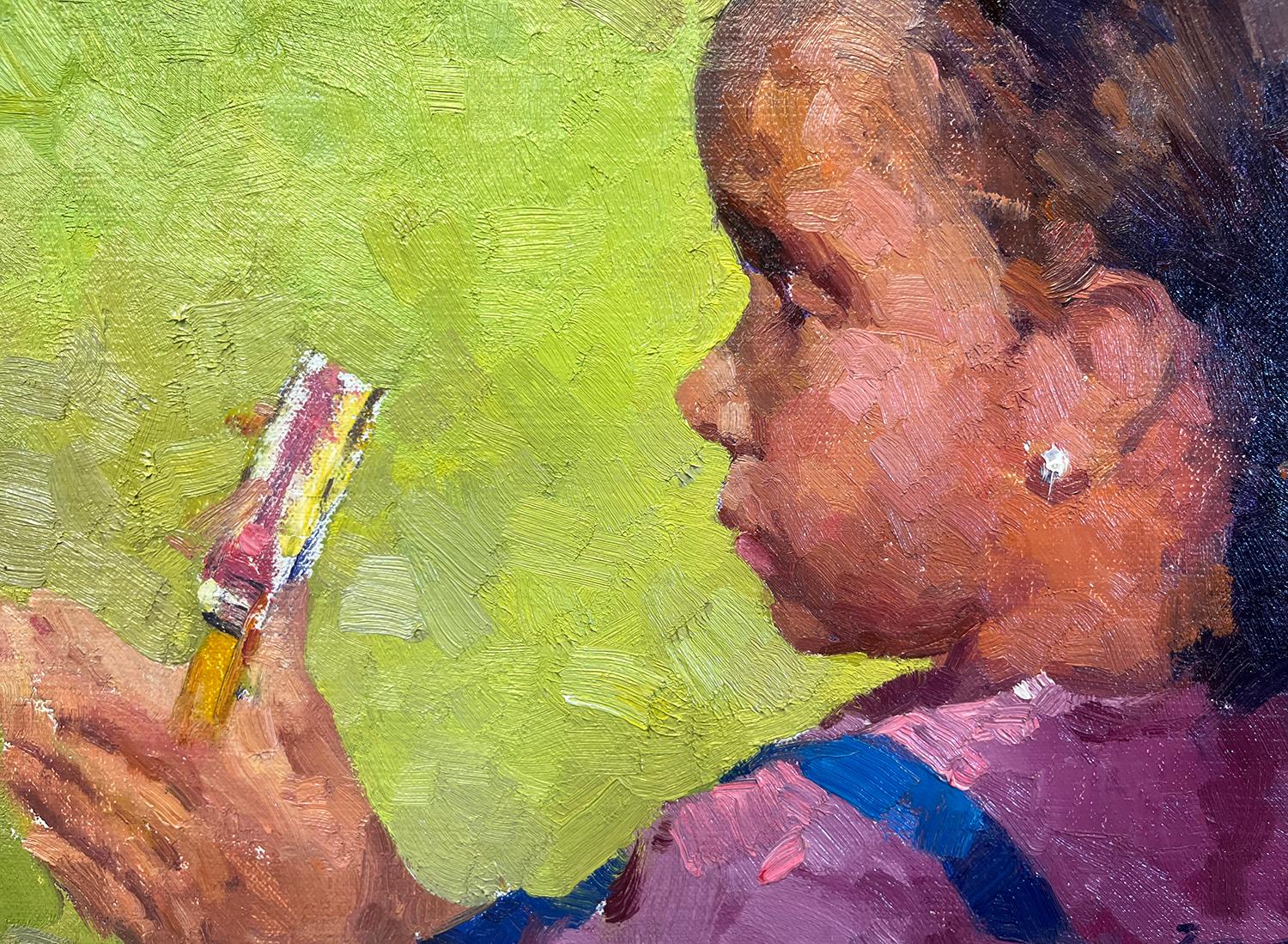Ragazza nativa americana che suona il tamburo a sonagli - Portrait Painting Marrone di Jove Wang