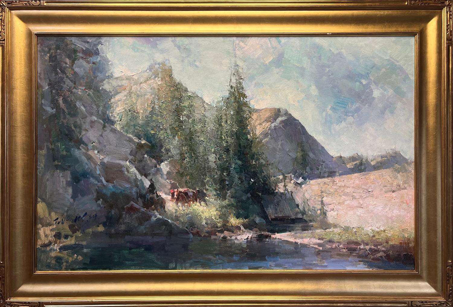 Jove Wang Landscape Painting – Packen im Canyon