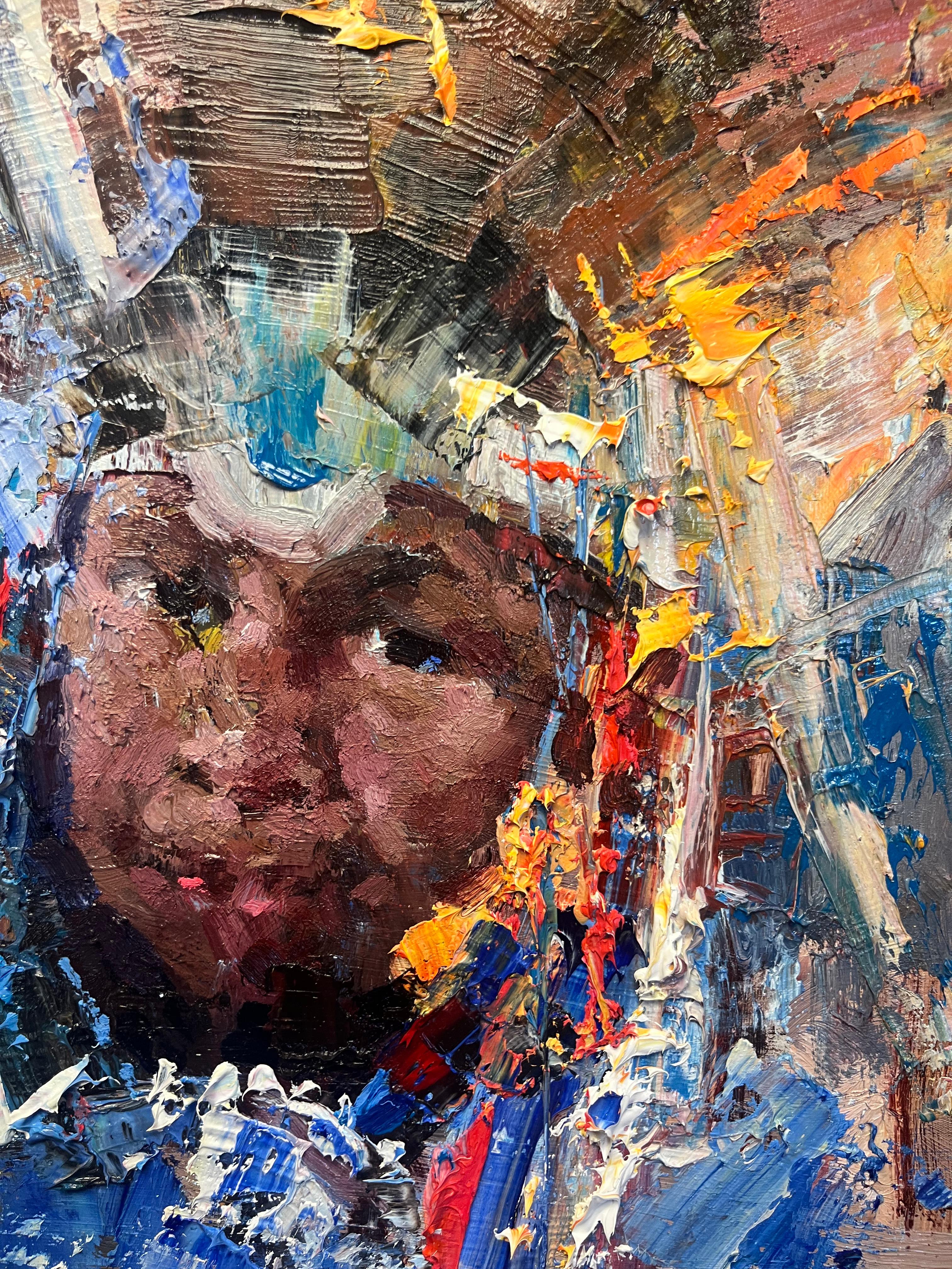 Young Boy at Gathering of Nations Pow Wow - Impressionist Painting by Jove Wang