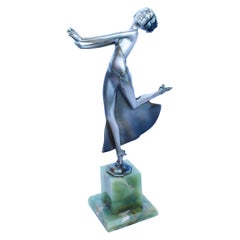 Josef Lorenzl "Joy" Silvered and Enamel Bronze Figure Onyx Base Signed Lorenzl 