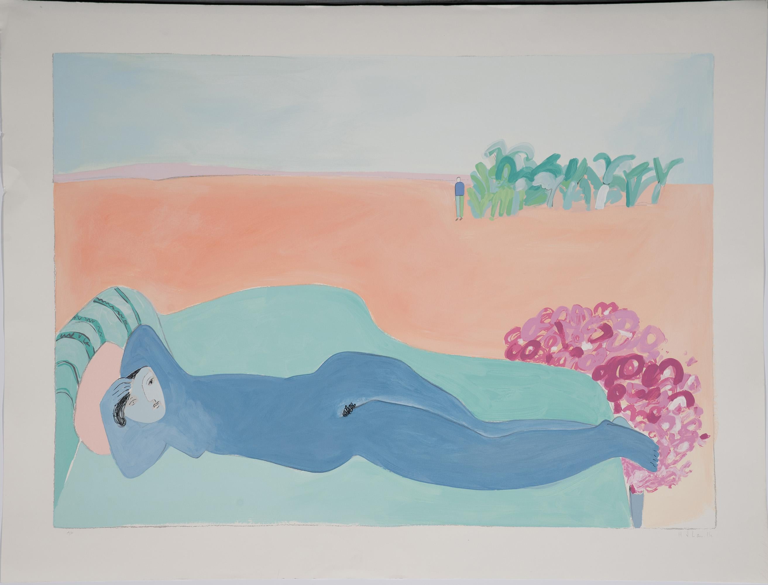 "Reclining Nude" ungerahmter Siebdruck-Künstlerabzug auf Kunstdruckpapier der Künstlerin Joy Laville. Handsigniert H J Laville unten rechts recto. A/P handschriftlich unten links recto. Zeigt eine blaue nackte Frau, die auf einer grünen Couch in