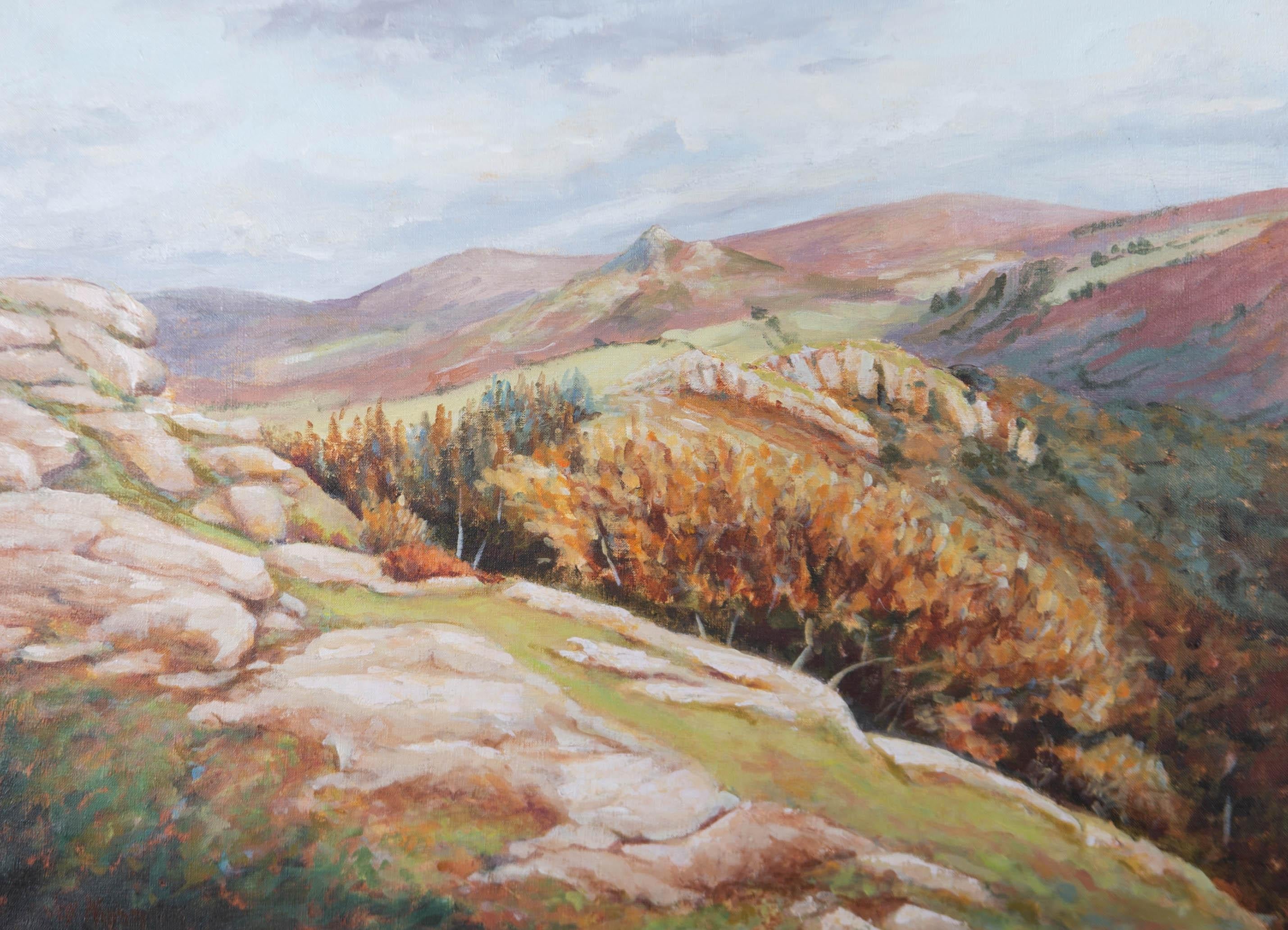 A sunny landscape depicting trees in autumnal colours with hills in the distance. Presented in a wooden frame. Signed to the lower-left edge. On canvas on stretchers.
