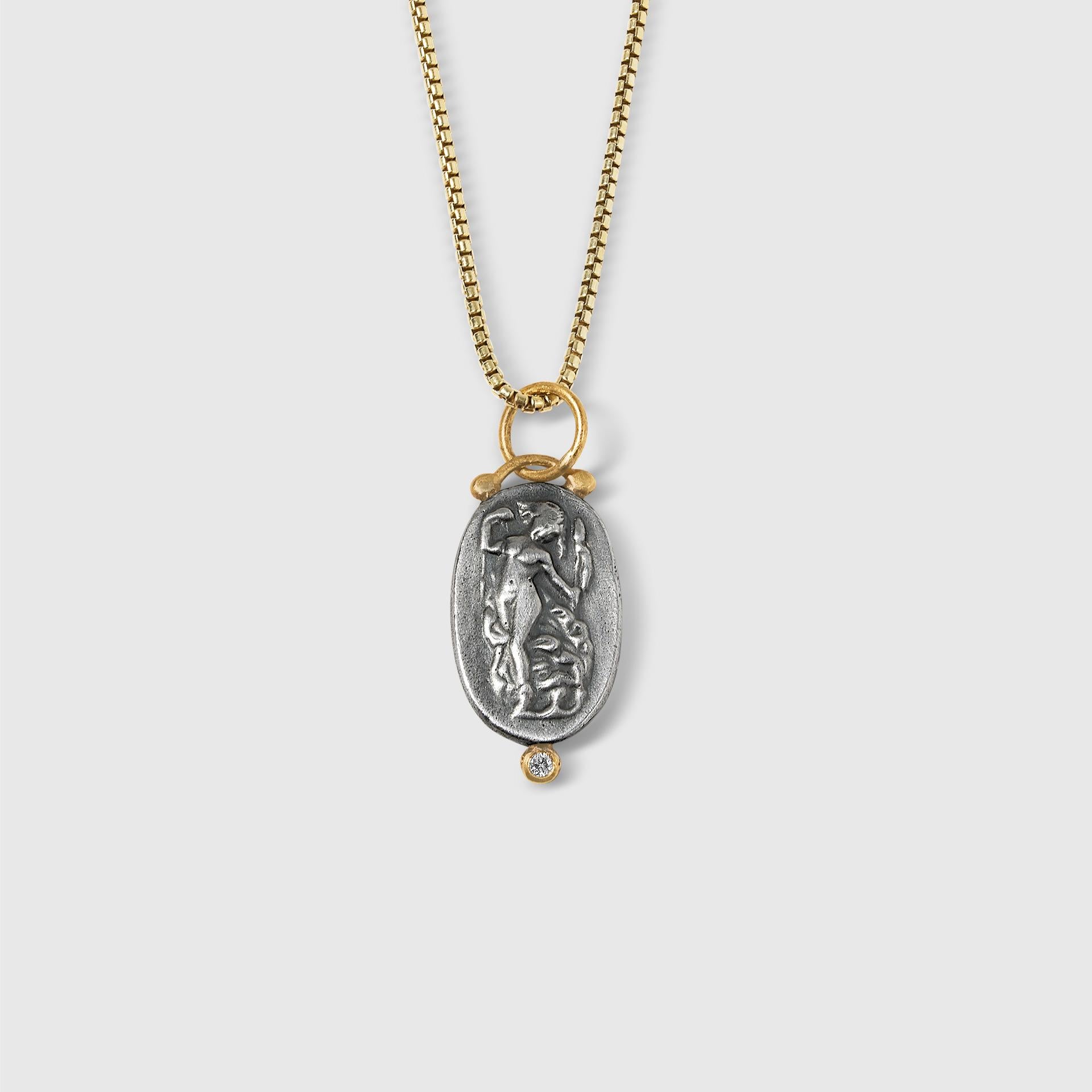 Contemporary Joy of Life, Roman Intaglio Coin Charm Amulet Pendant Necklace with Diamond
