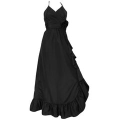 Vintage Joy Stevens 1970s Black Ruffled Halter Gown Size 4. 